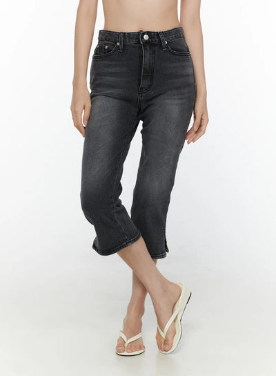 LEWKIN Slit Detail Capri Jeans CL521 washed black front view on model cropped torso high-rise waistband faded denim with white flip-flops