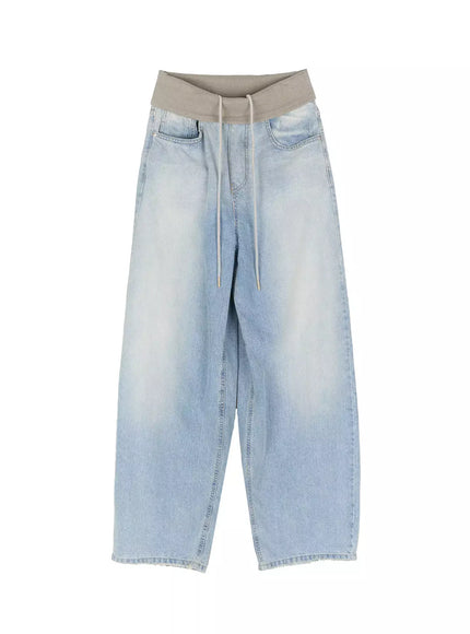 Solene Vintage Washed Foldover Baggy Jeans IU524 Blue flat-lay front view full-length showing khaki ribbed waistband drawstring cords wide baggy leg and raw hem edge