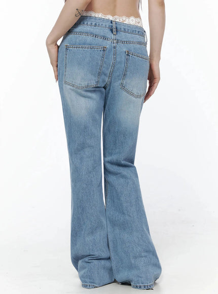 Sori Vintage Lace Bootcut Jeans IL506 Blue back crop shot on model showing large square back pockets gold contrast stitching and lace waistband detail