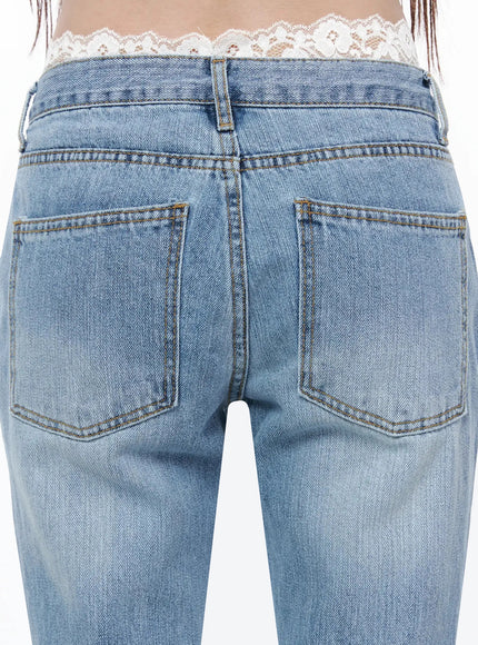 Sori Vintage Lace Bootcut Jeans IL506 Blue close-up back detail shot showing dual patch pockets gold stitching and lace trim at low-rise waistband