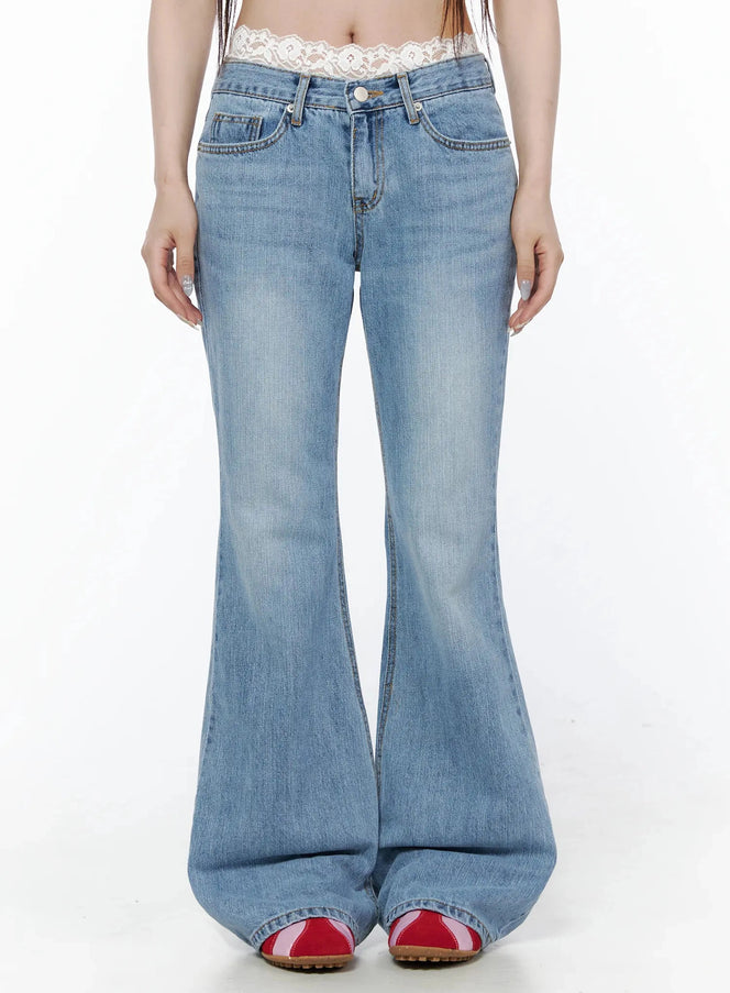 LEWKIN Sori Vintage Lace Bootcut Jeans IL506 Blue Size S front crop shot on model showing low-rise waist with silver button and faded denim