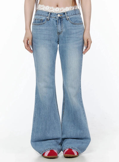 LEWKIN Sori Vintage Lace Bootcut Jeans IL506 Blue Size S front crop shot on model showing low-rise waist with silver button and faded denim