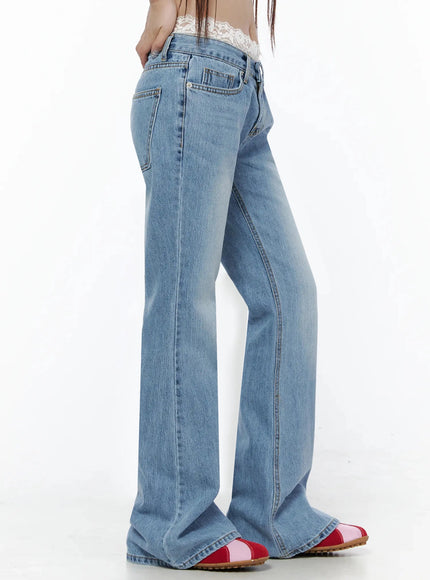 Sori Vintage Lace Bootcut Jeans IL506 Blue side crop shot on model showing slim hip profile side pocket seam and elongated bootcut leg in faded denim