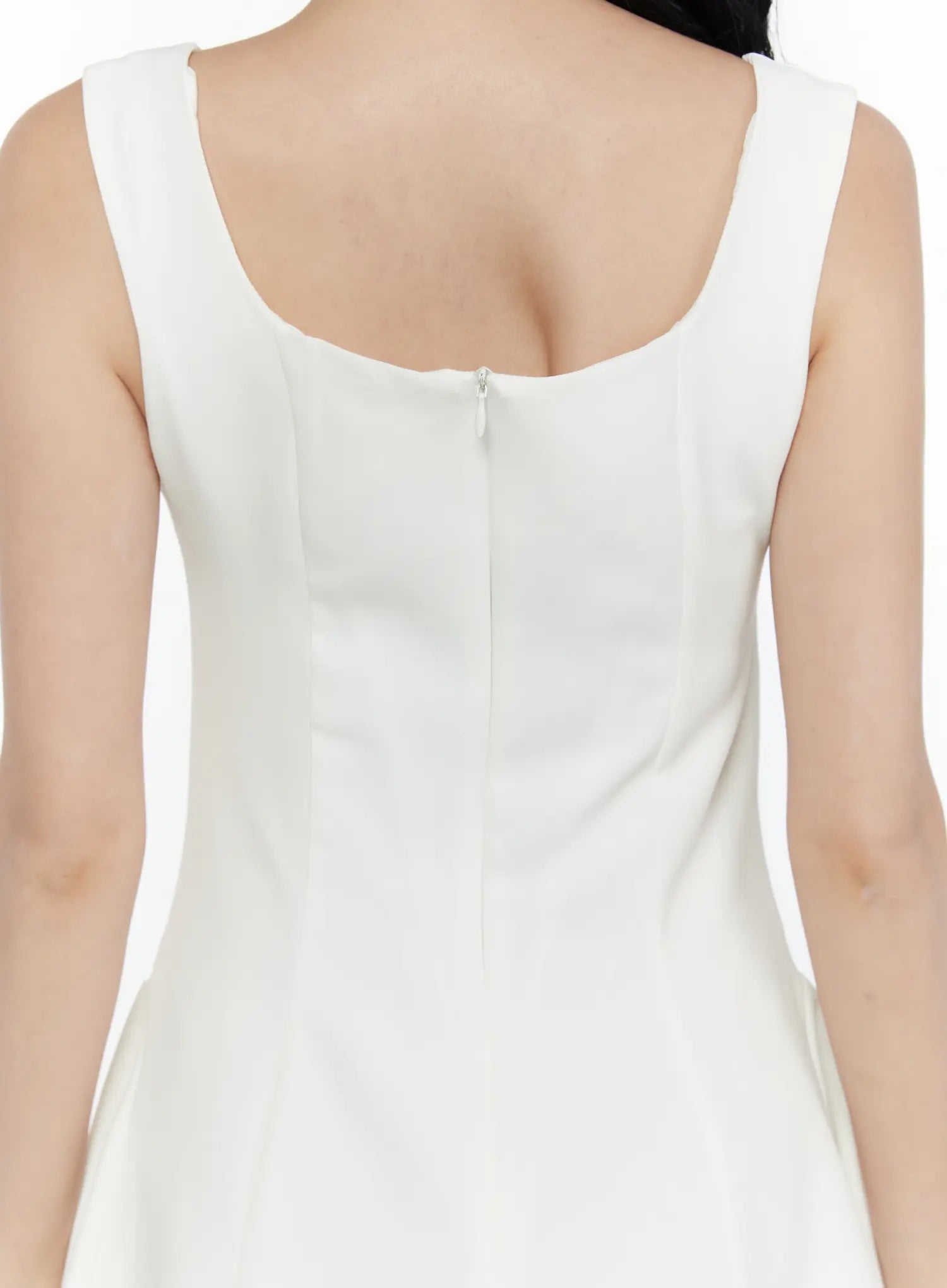 Square Neck A-Line Mini Dress CL520 white close-up back detail shot on model revealing center back seam hidden zipper and wide shoulder straps