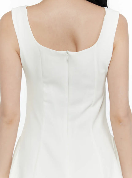 Square Neck A-Line Mini Dress CL520 white close-up back detail shot on model revealing center back seam hidden zipper and wide shoulder straps
