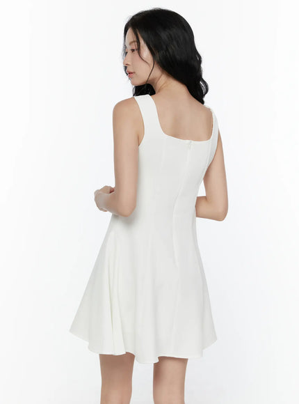 Square Neck A-Line Mini Dress CL520 white full-length back shot on model showing open back wide straps and flared A-line skirt
