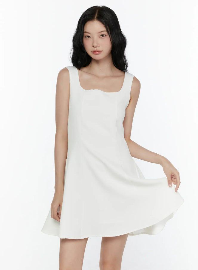 Square Neck A-Line Mini Dress CL520 in White, size S/M