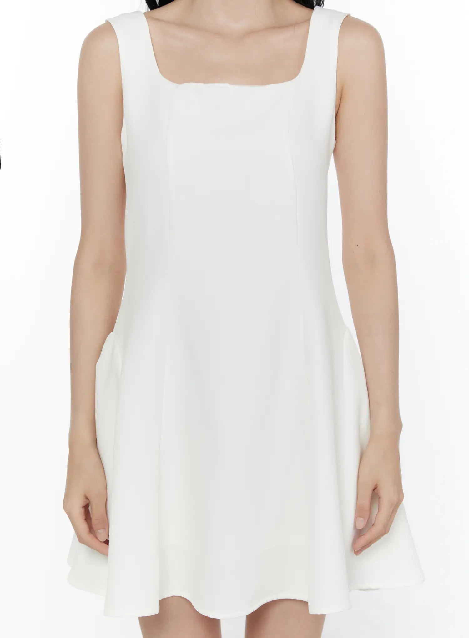 Square Neck A-Line Mini Dress CL520 white close-up front shot on model showing square neckline wide straps and fitted A-line bodice
