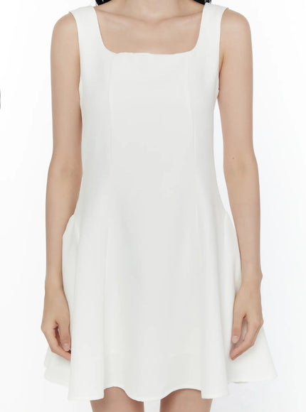 Square Neck A-Line Mini Dress CL520 white close-up front shot on model showing square neckline wide straps and fitted A-line bodice