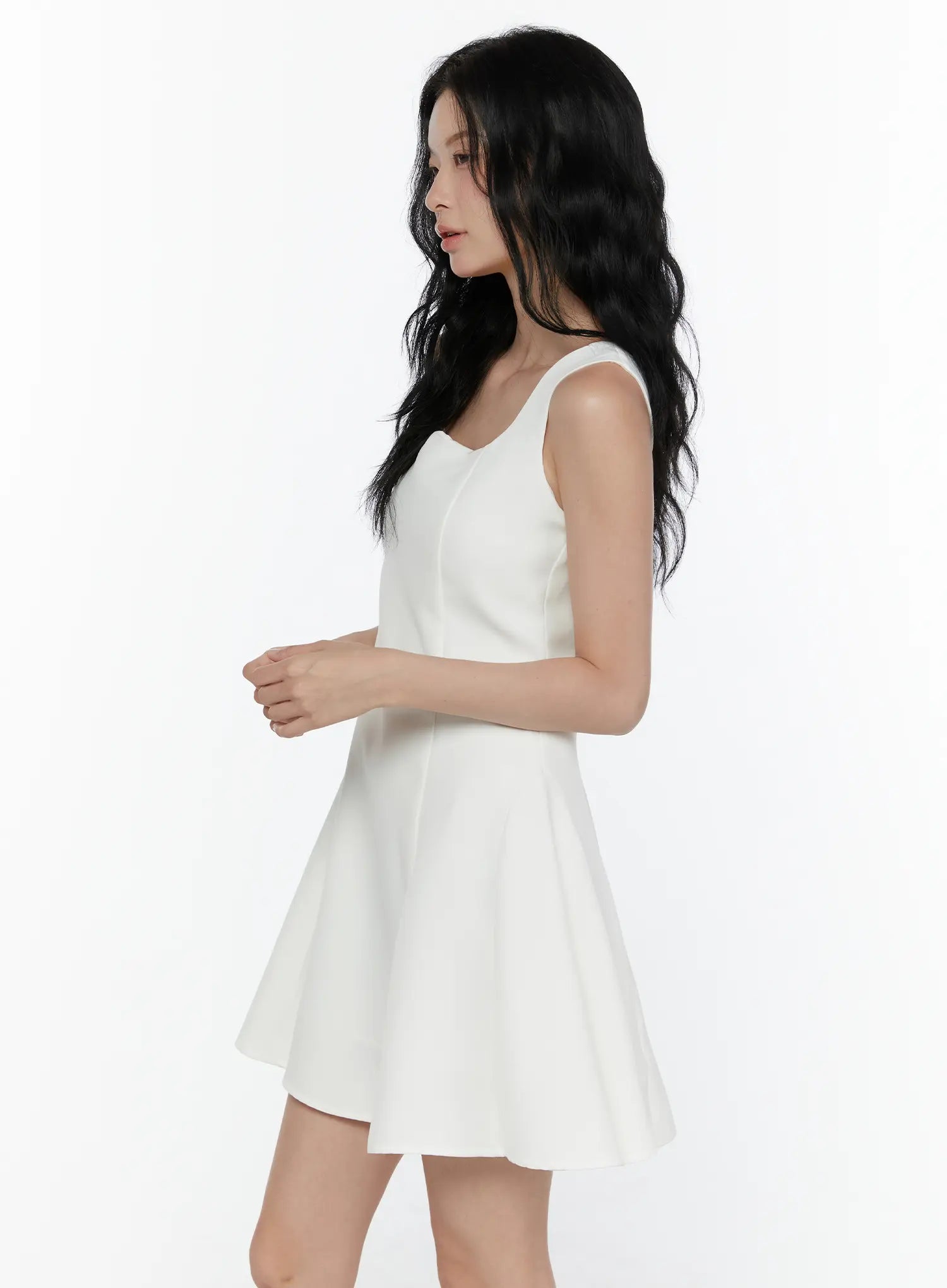 Square Neck A-Line Mini Dress CL520 white side shot on model without accessories showing sleeveless silhouette and flared skirt seam detail