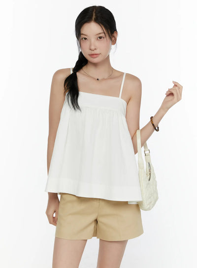 LEWKIN Square Neck Babydoll Cami Top CL520 White front shot on model wearing beige shorts and carrying cream bag, S/M
