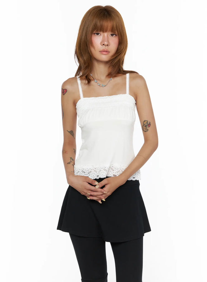 LEWKIN Square Neck Lace Cami CL503 White S/M front view on model wearing black skirt and leggings, square neckline with lace trim hem and spaghetti straps