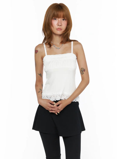 LEWKIN Square Neck Lace Cami CL503 White S/M front view on model wearing black skirt and leggings, square neckline with lace trim hem and spaghetti straps