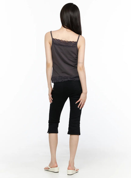 Square Neck Lace Tank CL522 Dark beige back shot on model revealing spaghetti straps, lace back neckline trim, and floral lace hem