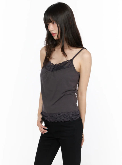 Square Neck Lace Tank CL522 Dark beige angled front shot on model highlighting lace neckline with button accent and floral lace hem detail