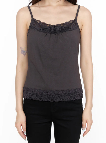 Square Neck Lace Tank CL522 Dark beige close-up front shot on model showing floral lace neckline, three button detail, and matching lace hem trim