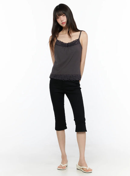 Square Neck Lace Tank CL522 Dark beige full-body front shot on model styled with black cropped flare pants and white platform flip flops