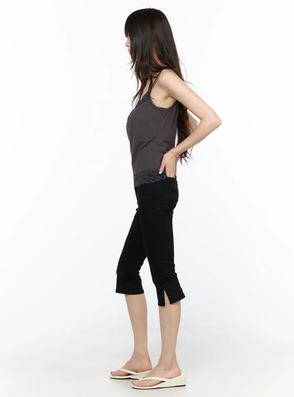 Square Neck Lace Tank CL522 Dark beige side shot on model showing slim silhouette, lace hem trim, styled with black cropped pants and flip flops
