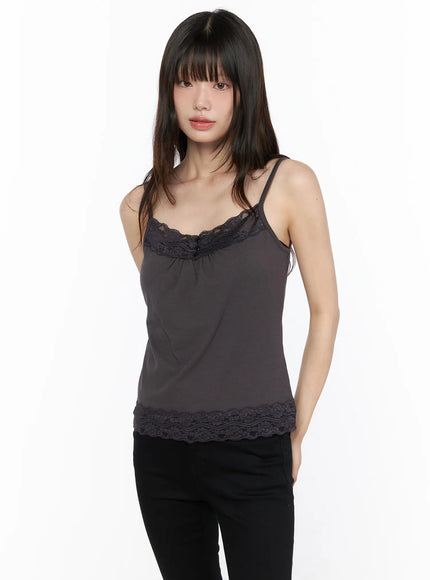 LEWKIN Square Neck Lace Tank CL522 Dark beige front view on model wearing black pants, lace trim neckline and hem detail, spaghetti straps