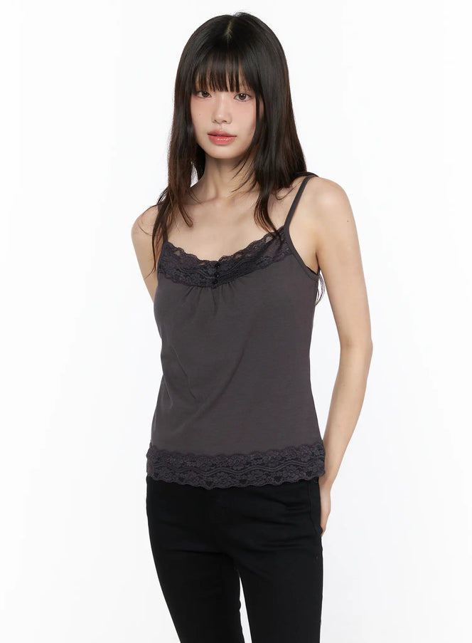 LEWKIN Square Neck Lace Tank CL522 Dark beige front view on model wearing black pants, lace trim neckline and hem detail, spaghetti straps