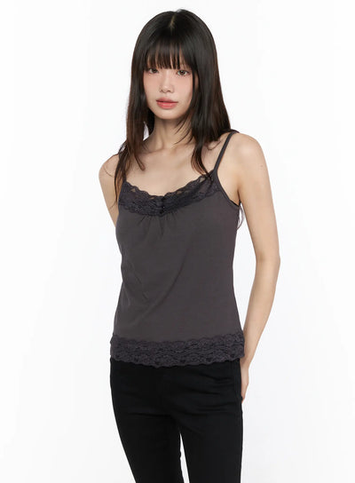 LEWKIN Square Neck Lace Tank CL522 Dark beige front view on model wearing black pants, lace trim neckline and hem detail, spaghetti straps