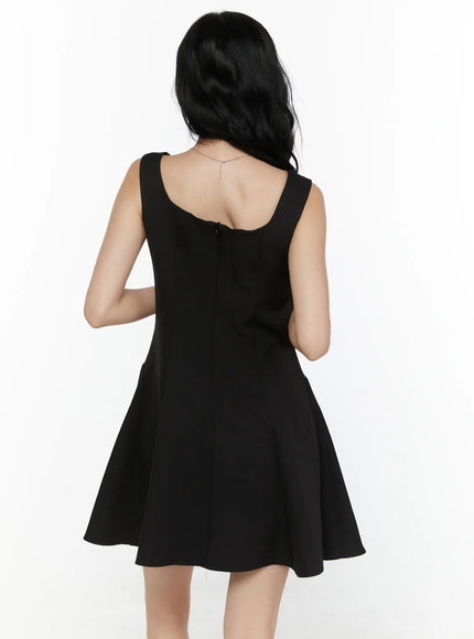Square Neck Mini Dress CL521 Black back full-body shot on model showing wide straps, back zip detail, and voluminous A-line skirt