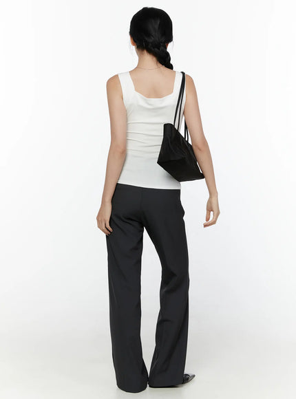 Square Neck Padded Ribbed Tank Top CL520 White back full-body model carrying black tote bag wide square back straps ribbed fit black trousers