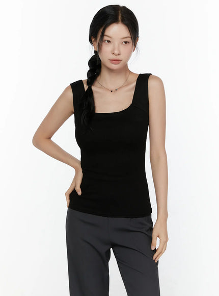 Square Neck Padded Ribbed Tank Top CL520 in Black, size S/M