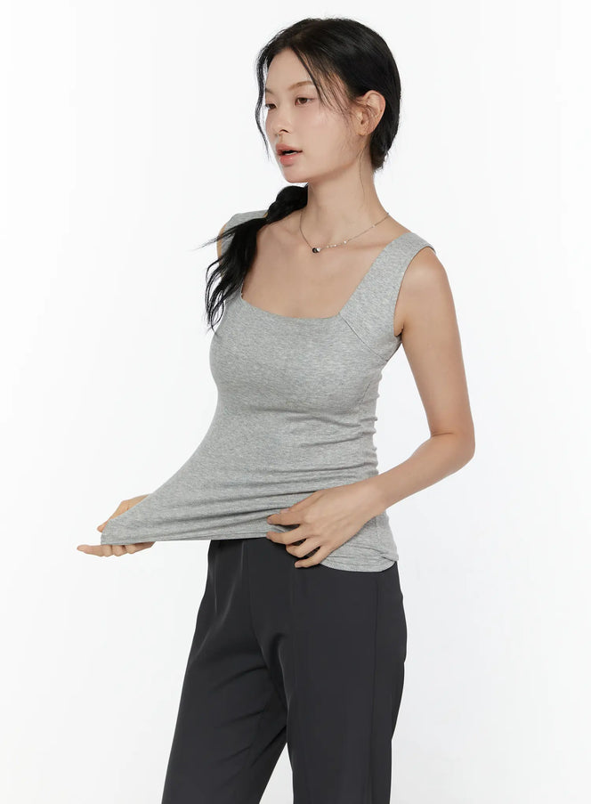 Square Neck Padded Ribbed Tank Top CL520 in Gray, size S/M