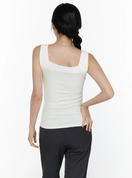 Square Neck Padded Ribbed Tank Top CL520 White back shot model half-body showing square back neckline wide straps ribbed texture fitted