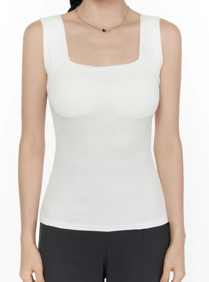 Square Neck Padded Ribbed Tank Top CL520 White front close-up model torso showing square neckline padded ribbed fabric fitted silhouette