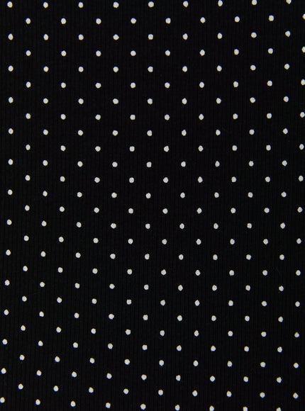 Square Neck Polka Dot Slim Tee IL509 Black close-up fabric detail showing ribbed knit texture with white polka dot print on black base