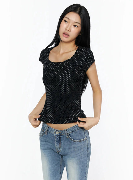 Square Neck Polka Dot Slim Tee IL509 in Black, size S/M