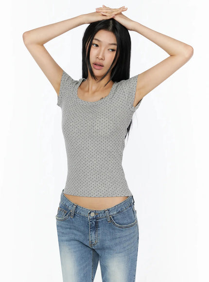 Square Neck Polka Dot Slim Tee IL509 in Gray, size S/M