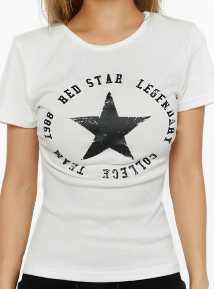 Star Graphic Slim-Fit Tee IL524 White close-up front detail shot on model showing distressed black star circular graphic with Red Star Legendary 1988 College Team lettering