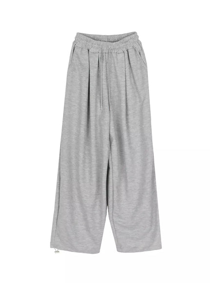 Star Graphic Wide Leg Sweatpants IL506 Gray flat-lay front view showing elastic drawstring waistband and wide leg silhouette with hem adjuster