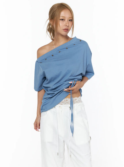 Star Studded Asymmetric Drawstring Tee CU524 in Blue, size S/M