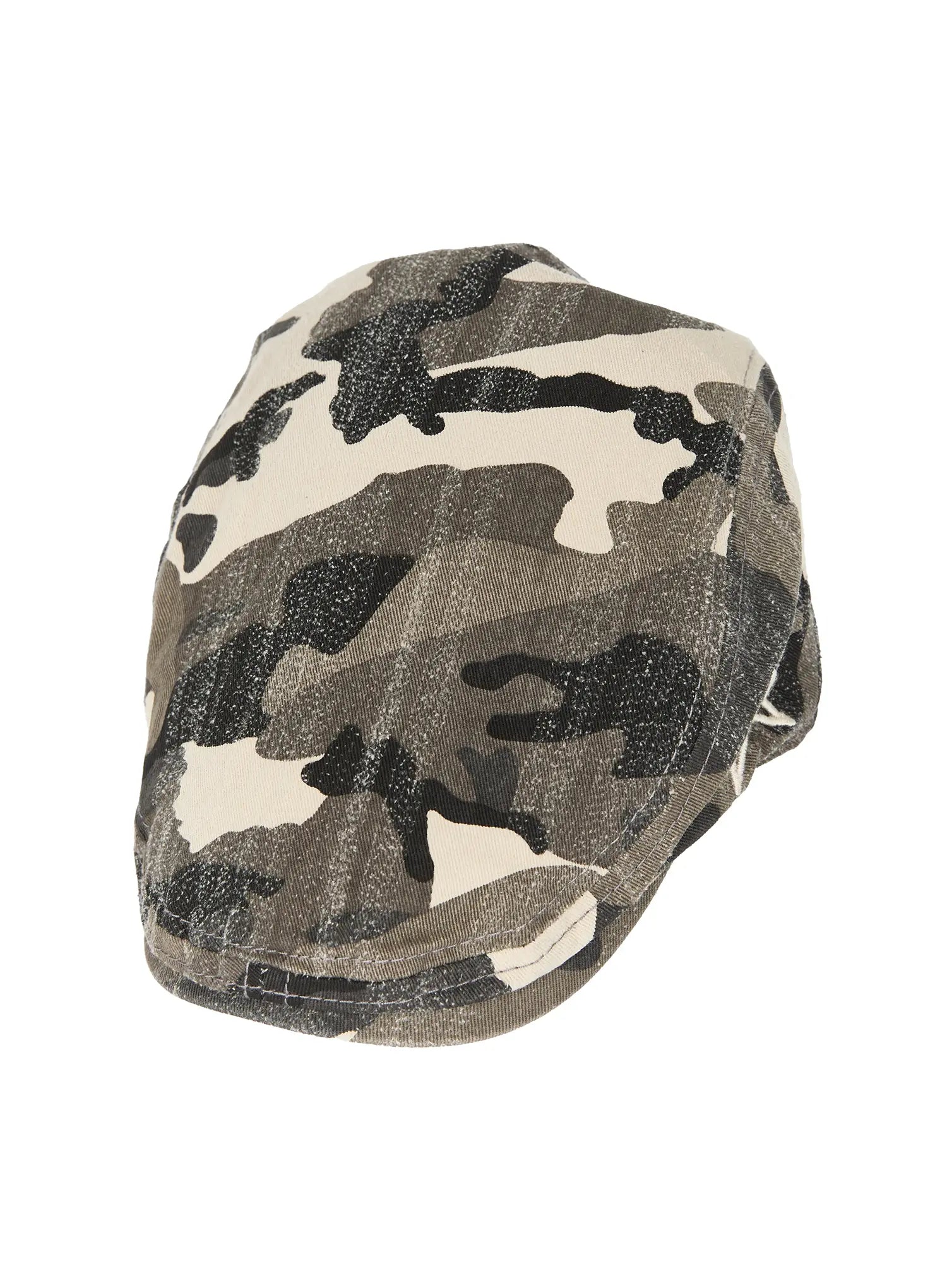 Staria vintage Cap IL503 camouflage flat lay top-down product shot showing overall silhouette and camo print texture on white background