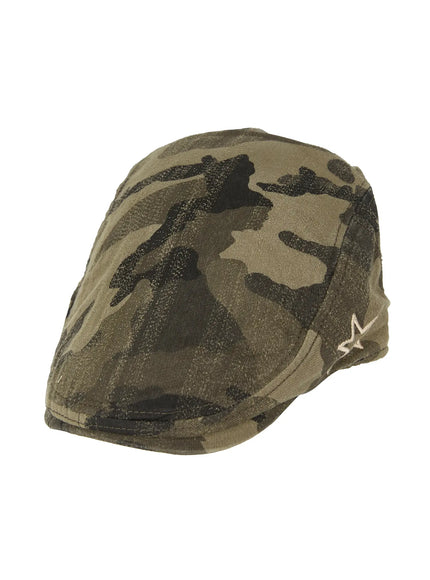 Staria vintage Cap IL503 olive camouflage side product shot showing flat brim and small star embroidery detail near ear panel on white background