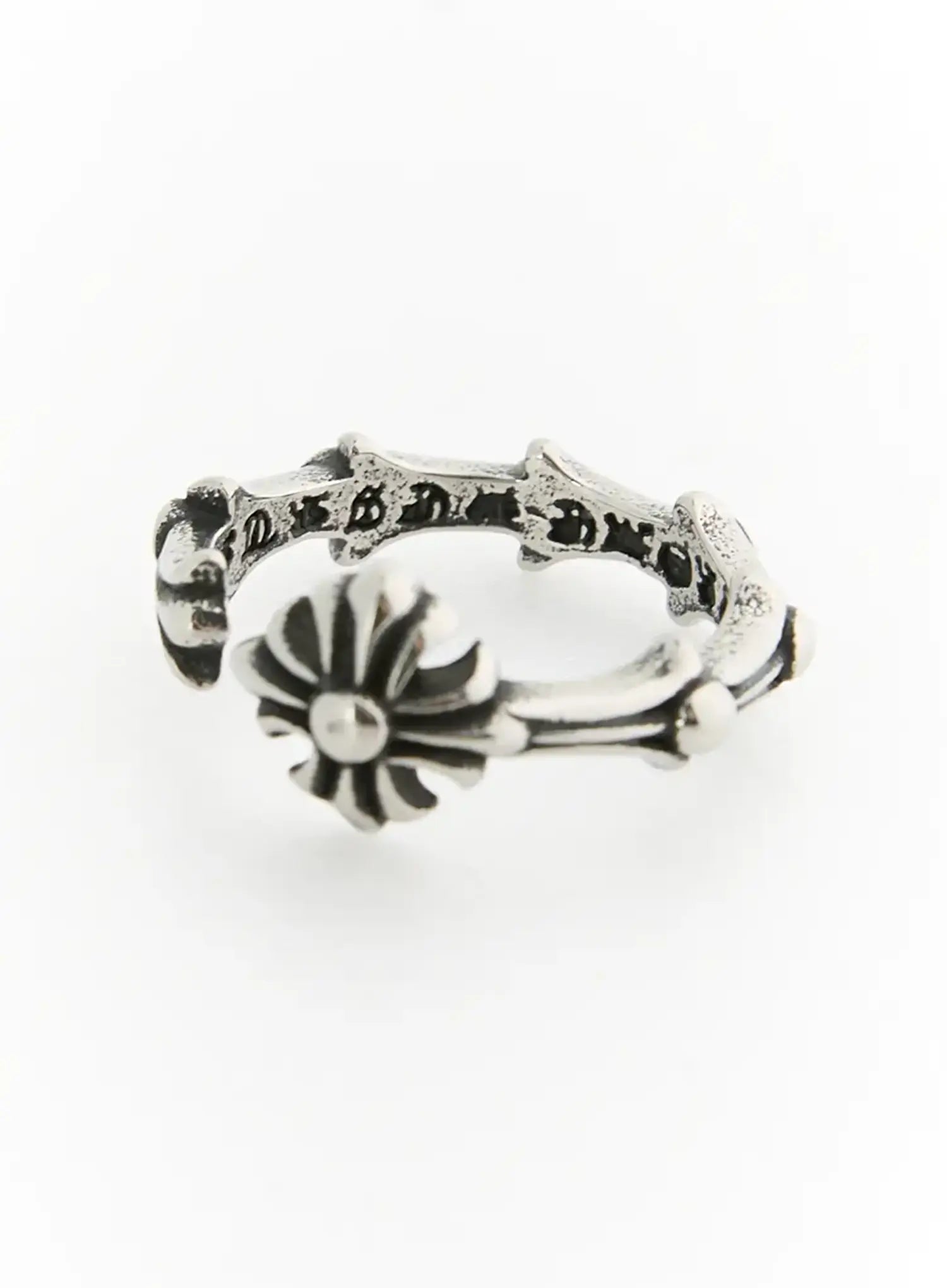 Stella Linked Cross Ring IL517 silver angled side view revealing engraved inner band inscription and cross motif with antique oxidized finish