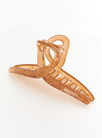 Stella Litter Hair Clip IL503 brown angled side shot showing open claw position with crossed-loop handle and gold coil spring hinge mechanism