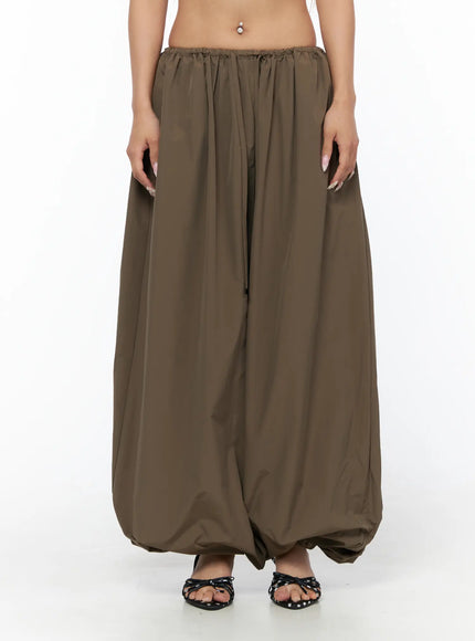 String Detail Parachute Pants CU524 Brown front shot on model showing full balloon silhouette with drawstring waist and wide parachute legs