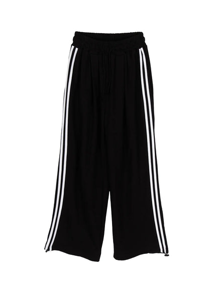 Stripe Detail Sweatpants IL506 Black flat-lay front view, wide-leg silhouette with white double side stripes, elastic drawstring waist, hem drawcord detail