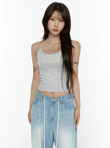LEWKIN Stripe Halter Sleeveless Top CL507 Gray front shot on model wearing S/M cropped striped ribbed halter top with scoop neck paired with wide-leg jeans