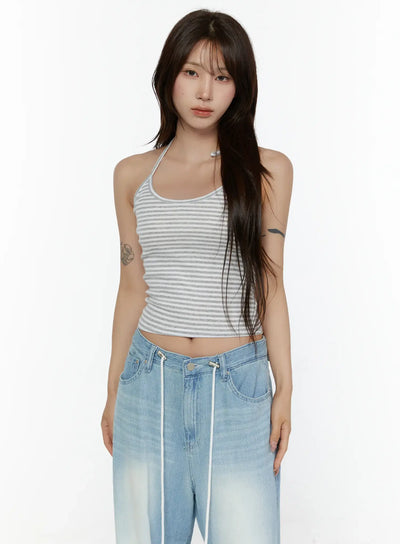 LEWKIN Stripe Halter Sleeveless Top CL507 Gray front shot on model wearing S/M cropped striped ribbed halter top with scoop neck paired with wide-leg jeans