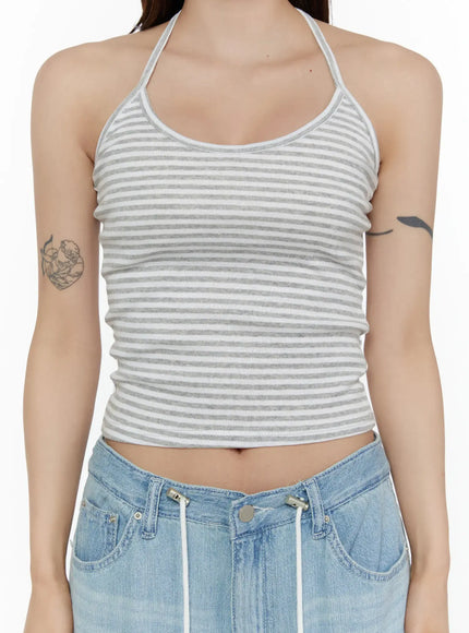 Stripe Halter Sleeveless Top CL507 Gray close-up front detail shot on model showing scoop neckline halter strap and gray white stripe ribbed texture
