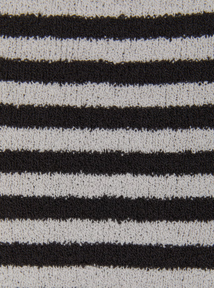Stripe Off-Shoulder Knit Top IL506 Gray close-up fabric detail showing gray and black horizontal stripe bouclé knit texture