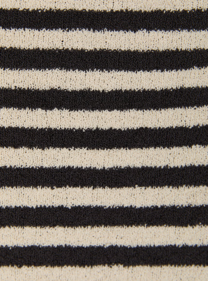 Stripe Off-Shoulder Knit Top IL506 Ivory close-up fabric detail showing ivory and black horizontal stripe bouclé knit texture
