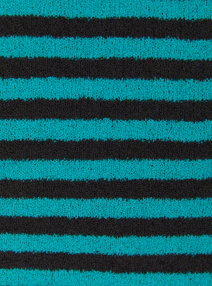 Stripe Off-Shoulder Knit Top IL506 Teal close-up fabric detail showing teal and black horizontal stripe bouclé knit texture