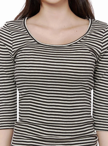 Striped 3/4 Long Sleeve Top IL506 Dark brown close-up detail shot on model showing U-neckline, ribbed stripe texture, and slight puff shoulder seam